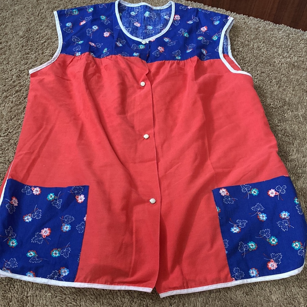 VTG 70’s Red Navy Blue Floral Print Artist Art Smock Blouse Top - Picture 3 of 5
